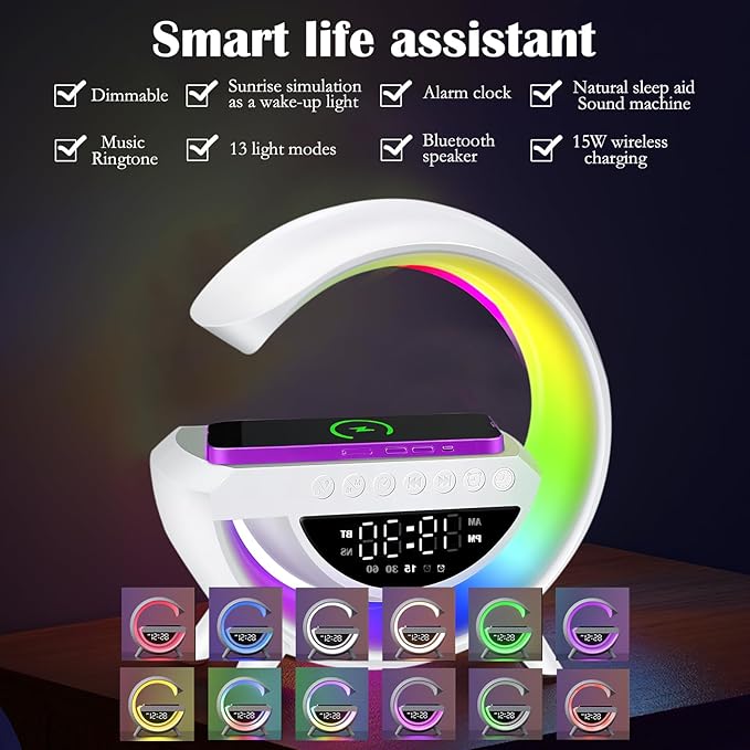 Lámpara de luz nocturna RGB, reloj despertador multifunción, Altavoz Bluetooth TF, 15W, cargador inalámbrico